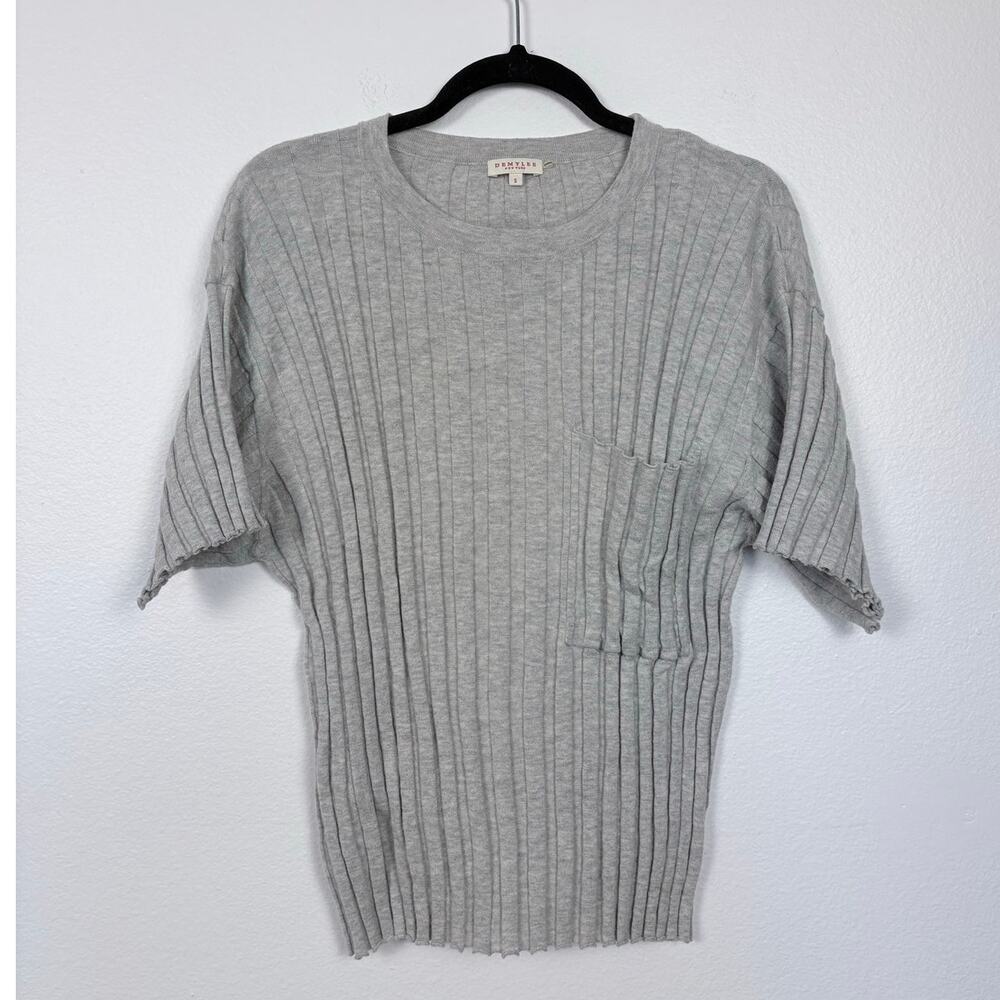 Demylee Accordion Style Pocket Front Grey Knit Wool Blend Short Sleeve Sweater S